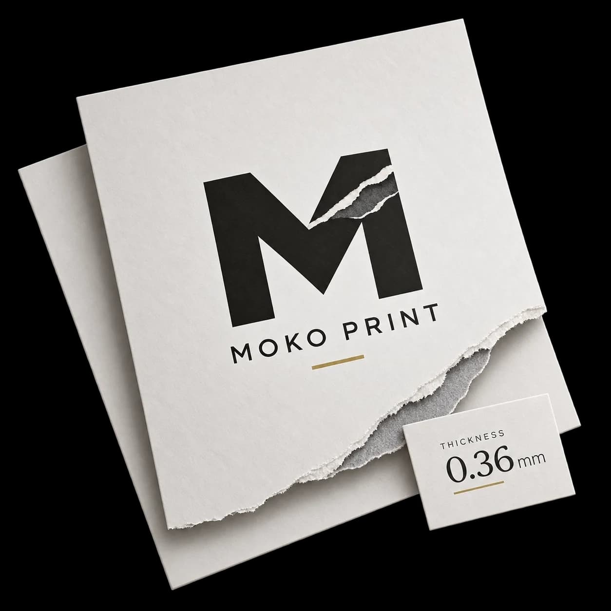 The MokoPrint logo printed on a torn sheet of cardstock revealing its core, beside a card stating a thickness of 0.36 mm.